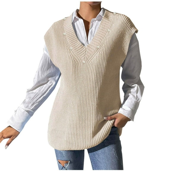 Brglopf Sweaters Vests for Women Trendy Pearl Trim V-Neck Sleeveless Pullover Tops Casual Solid Color Loose Fit Knit Vests