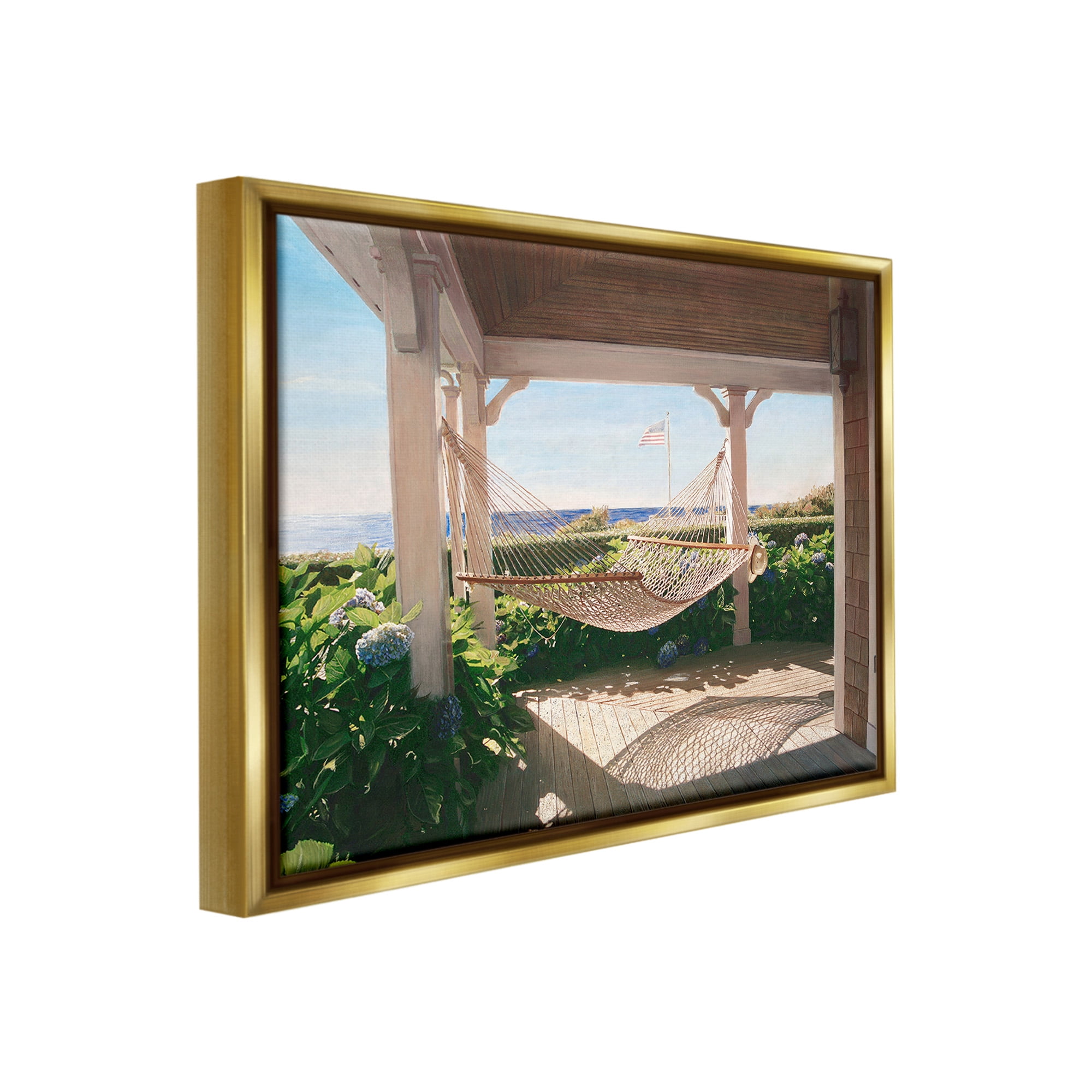 Stupell Industries Hammock & Coastal Porch Landscape Painting Gold Floater Framed Canvas Art Print Wall Art, 21 x 17