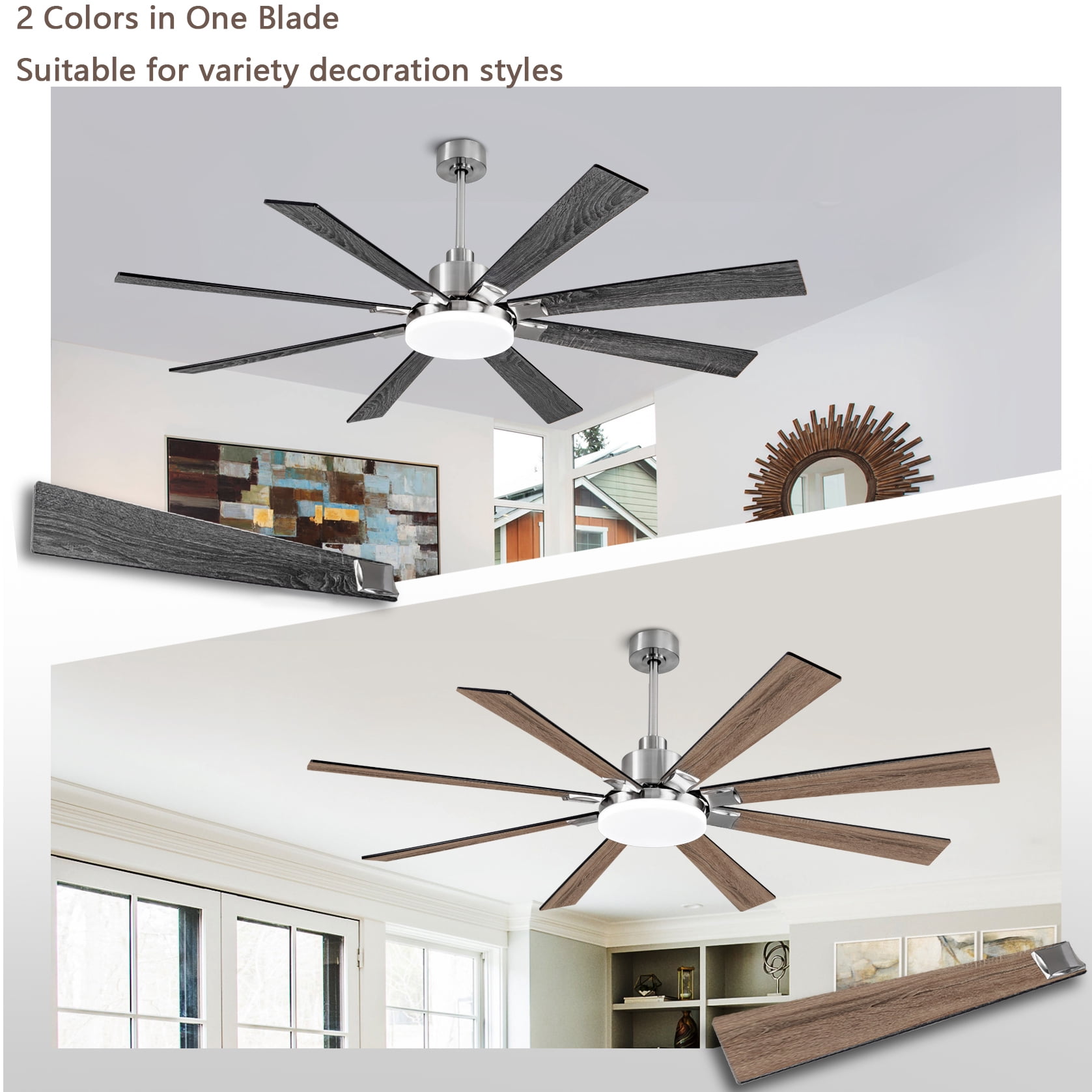 Mintazer 72 in Ceiling Fan with Lights and Remote, Modern Ceiling Fan with 6 Speed & 8 Blade for Farmhouse Bedroom Living Room Gazebo Patio, Silver