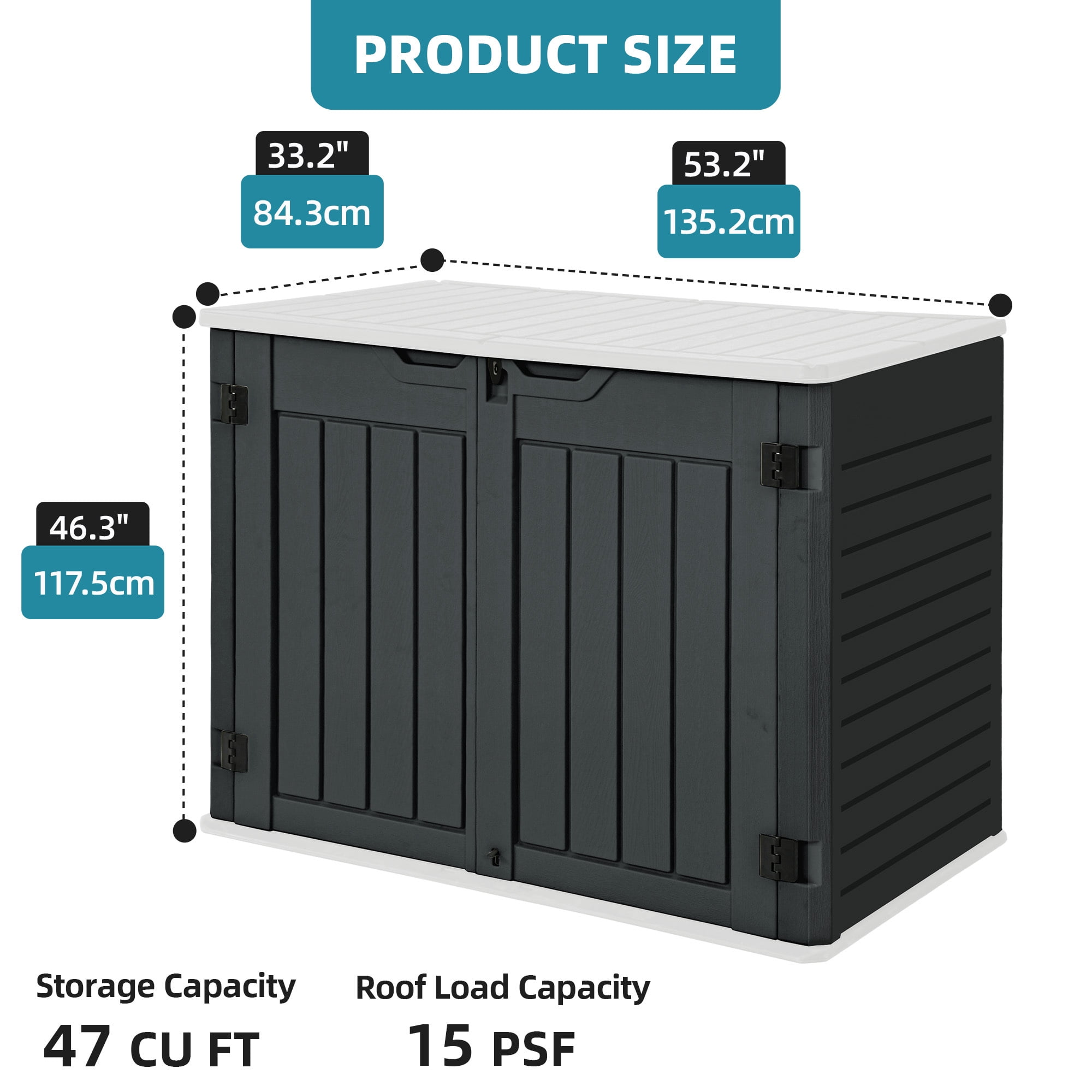 Uforic Large Outdoor Storage Shed, 47 Cu Ft Resin Tool Shed Without Shelves, Waterproof Outdoor Storage with Built-In Floor for Trash Cans, Garden Tools and Lawn Mowers, Lockable Design, Dark Gray