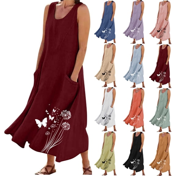 Sakmal Mumu Dresses for Women Maxi Casual Cotton Linen Tank Dress Black Crew Neck Sleeveless Floral Sundress for Women with Pockets