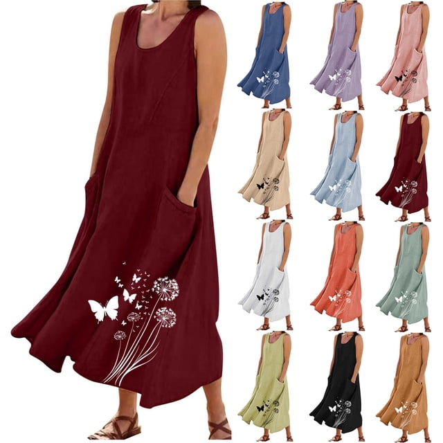 Robes Fluides Grande Taille pour Femmes Col Rond Sans Manches Robe Midi Amusante à Motif Longues Robes avec Poches Robes d'Été Décontractées de Plage Robe Rouge Melon D\'eau, Taille P-5TG