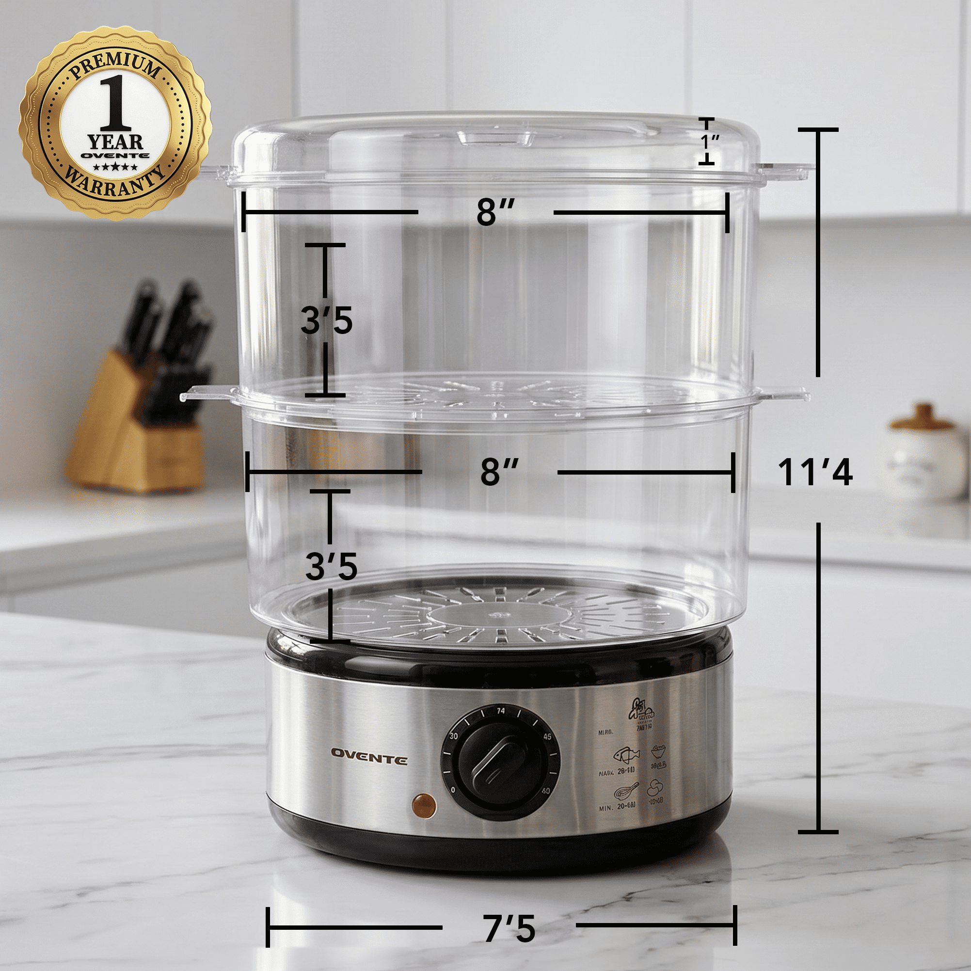 OVENTE 2-Tier Electric Food Steamer, 5 Quart Stainless Steel Stackable Steam Cooker with 400W Power, 60-Minute Timer & Auto Shut-Off, Dishwasher Safe, Healthy Vegetable & Seafood Steamer, Silver FS62