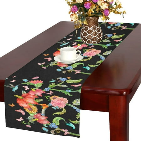 

MYPOP Flowers With Butterflies And Flying Hummingbird Cotton Linen Table Runner 14x72 Inches