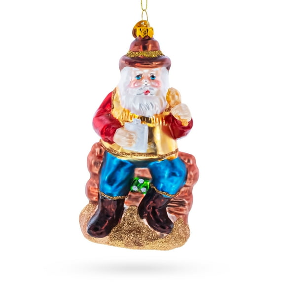 Cowboy Santa with Drink and Drumstick Glass Christmas Ornament