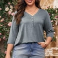 thumbnail image 4 of Womens Plus Size 3/4 Sleeve Tops Casual V Neck Three Buttons Tee Shirts Basic Loose Fit Tunic Blouse Summer 2025, 4 of 6