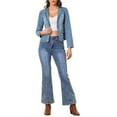 thumbnail image 2 of Chaqueta de mezclilla elástica para mujer INSPIRE CHIC con solapa, un botón y mangas largas, color azul claro, talla M, 2 of 6