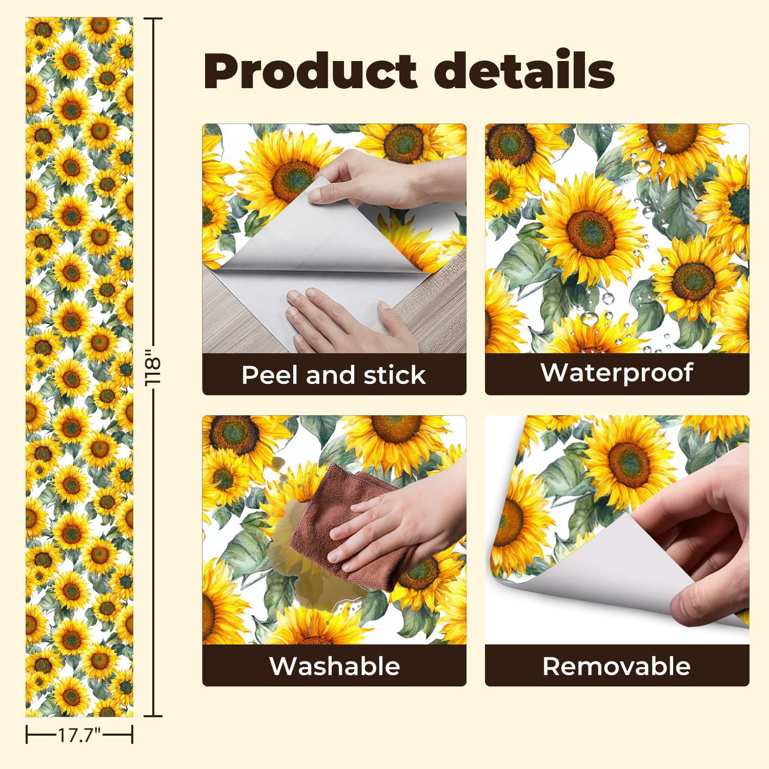 Peel and Stick Wallpaper 17.7in x 9.8ft Sunflower Vibrant Yellow Petals Green Leaves Contact Paper Vinyl Self-Adhesive Removable Wall Paper for Bedroom DIY Home Decor Renter Friendly