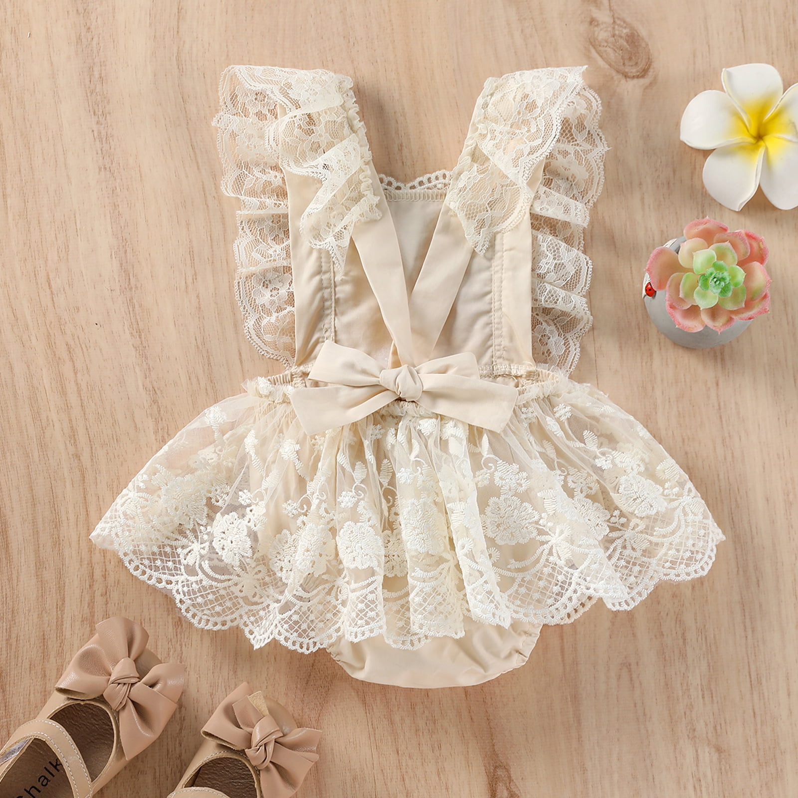 IBTOM CASTLE Baby Girls Lace Bodysuit Boho Clothes 1st Birthday Cake Smash Outfit Newborn Photography Outfits Summer Sunsuit 0-3 Months Apricot Lace