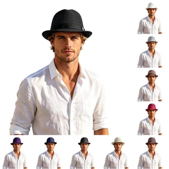 SGMVNU Fedora Hat for Men Breathable Mesh Wide Brim Lightweight Crushable Straw Sun Hats Beach Vacation, Black, One Size
