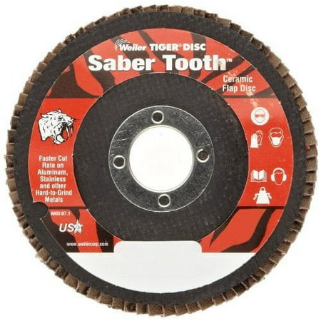 UPC: 0012382501303 | Tiger Saber Tooth Ceramic High Density Flap Disc  4-1/2 in dia  40 Grit  7/8 in Arbor  13000 RPM  Type 27