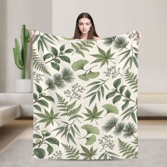 Botanical Leaves Blanket Green Plant Pattern Flannel Throw Blanket Nature Lover Gift Home Decor 50x40 in