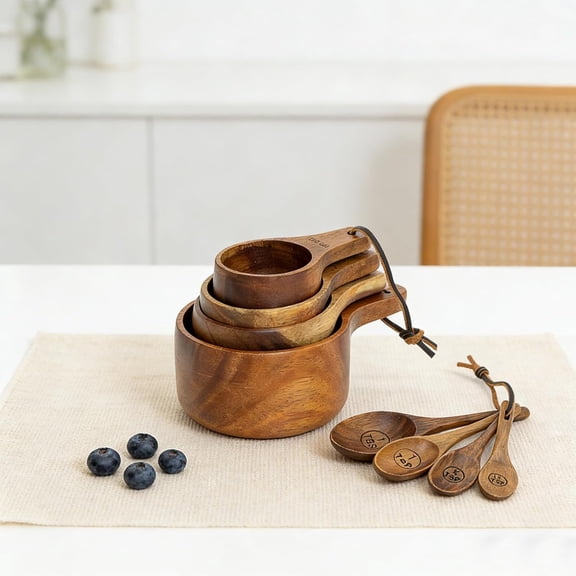 Wooden Measuring Cups Spoons Set 4-8 Pcs Stackable Engraved Kitchen Tool