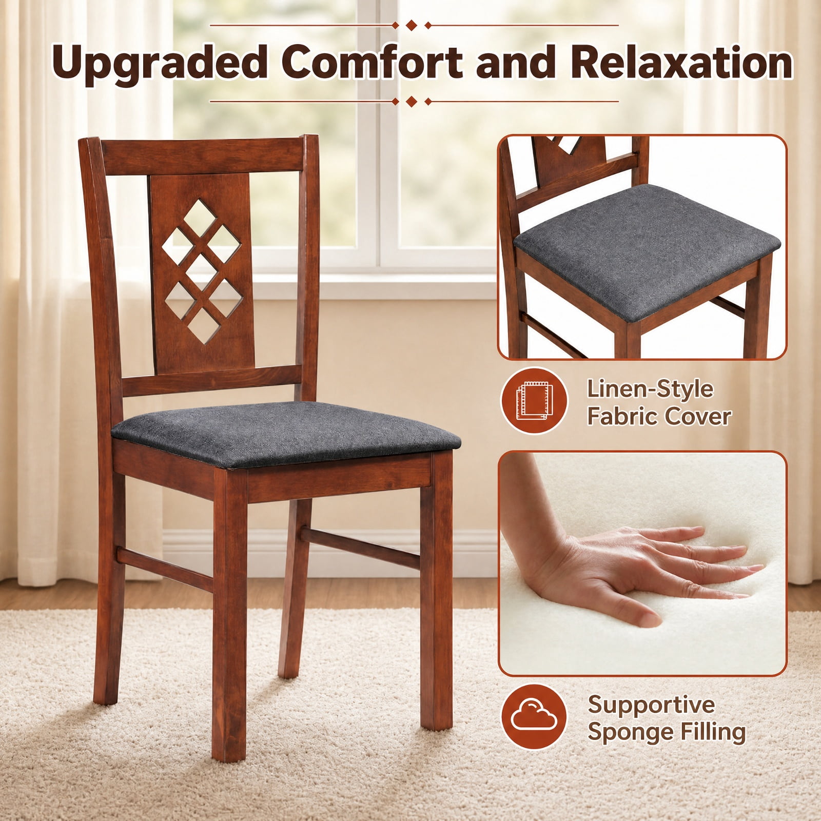 Furnibear Linen Style Upholstered Dining Chairs Set of 2 with Diamond Tufted Backrest and Rubber Wood Frames for Kitchen and Dining Room, Cherry