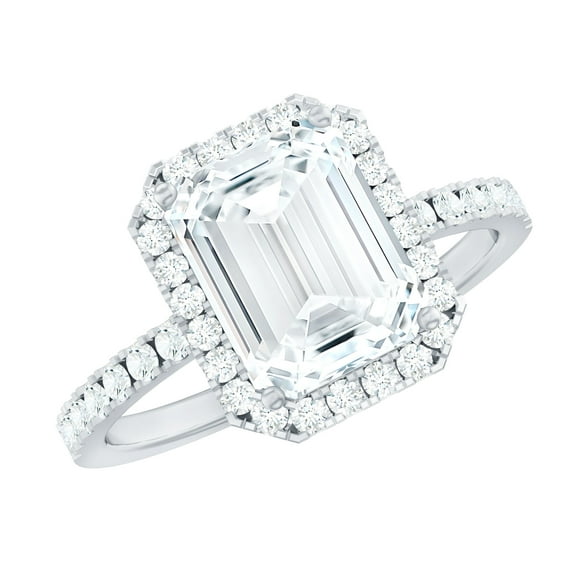 Rosec Jewels Certified Moissanite Emerald Cut Engagement Ring with Halo - 2 Carat Moissanite Ring - 7X9 mm, D-VS1 Quality, 925 Sterling Silver, US 4.00