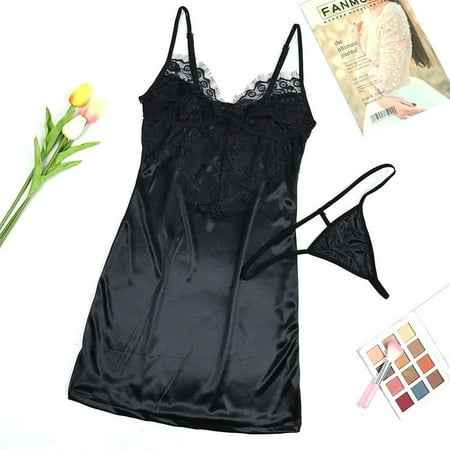 

Women Lace Black Lingerie Thong Set Sleepwear Nightdress Backless Pajamas