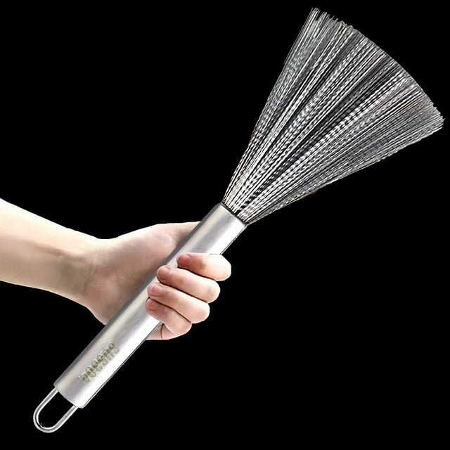 Lindbes Stainless Steel Kitchen Scrub Brush with Long Handle - Durable Hangable Pot & Pan Cleaner for Home Use