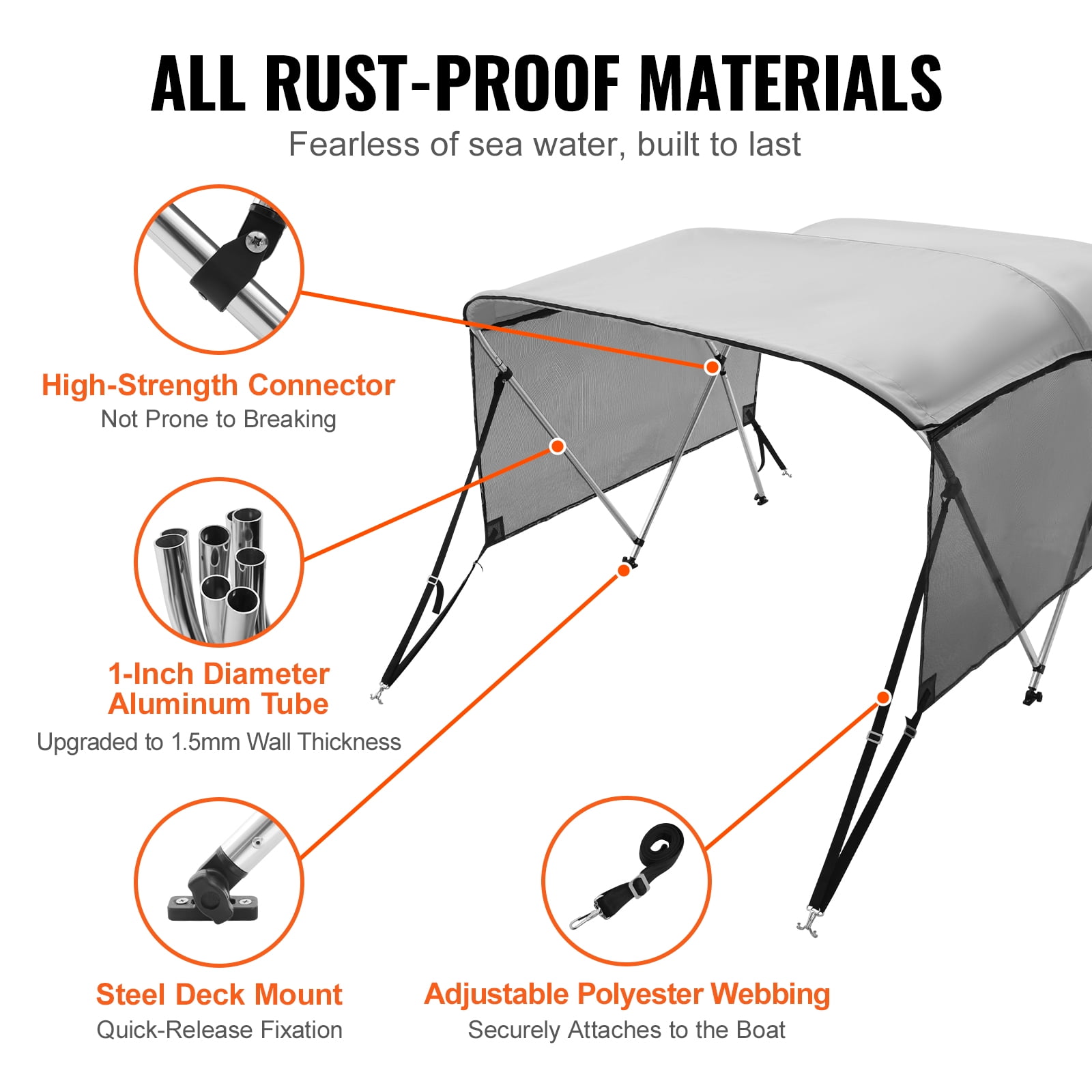 KFFKFF 3 Bow Bimini Top Boat Cover Detachable Mesh Sides 600D with Frame 67"-72"W