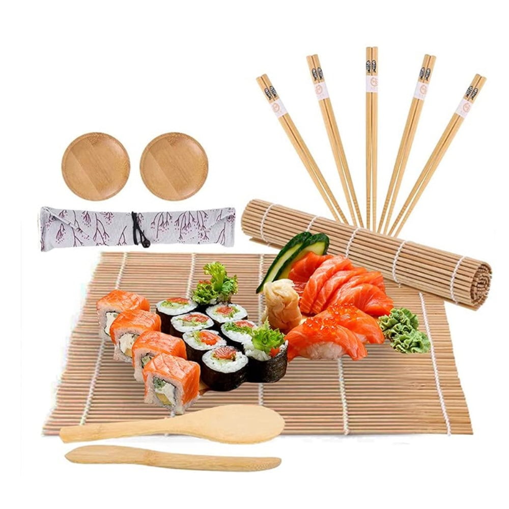 10 Pieces Sushi Making Kit Roll Japan Sushi Now! 2 Bamboo Wood Rolling Mat 5 Chopsticks 2 Rice Spoons 1 Bag Cute Bag in Two Colors Sushi Master DIY Sushi Set for Beginners and Professionals 