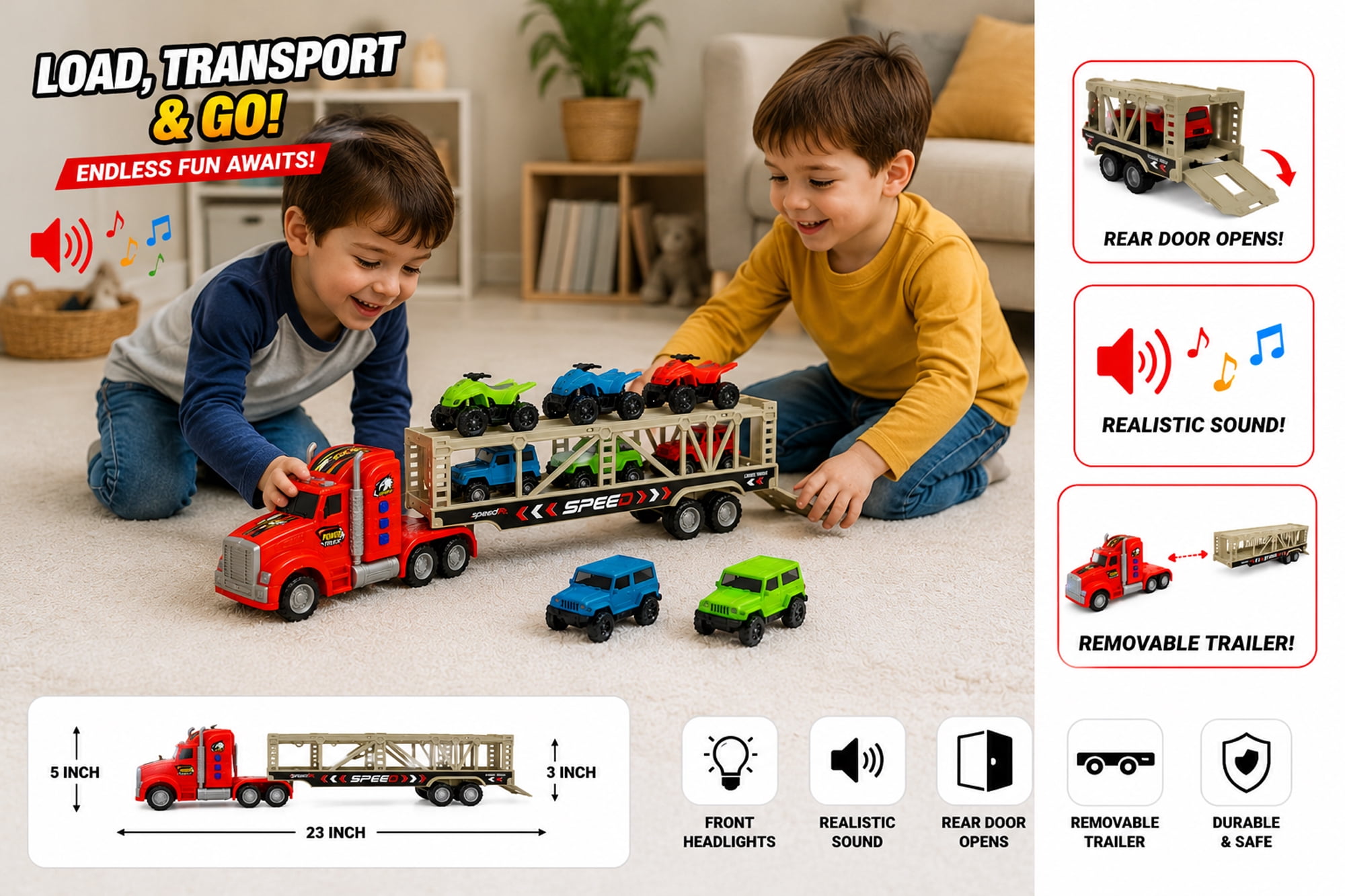 Friction Powered Toy Car Carrier Truck, 23 Inch Transport Trailer with 6 Mini Vehicles, Lights, Sounds, Opening Rear Door, Detachable Trailer