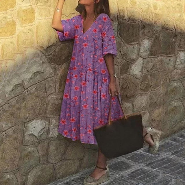 Mefallenssiah Robe Décontractée pour Femme à Col en V Imprimée à Manches Courtes