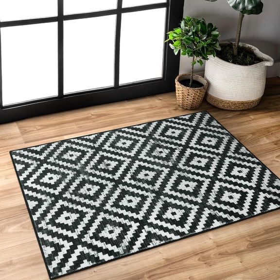Bailu Boho Moroccan Rug 16*24 Rug for Entrance Black and White Kitchen Rug, Plaid Non-Slip Low Pile Anti-Stain Printed Indoor Floor Entrance Rug for Bathroom Sink Front Door
