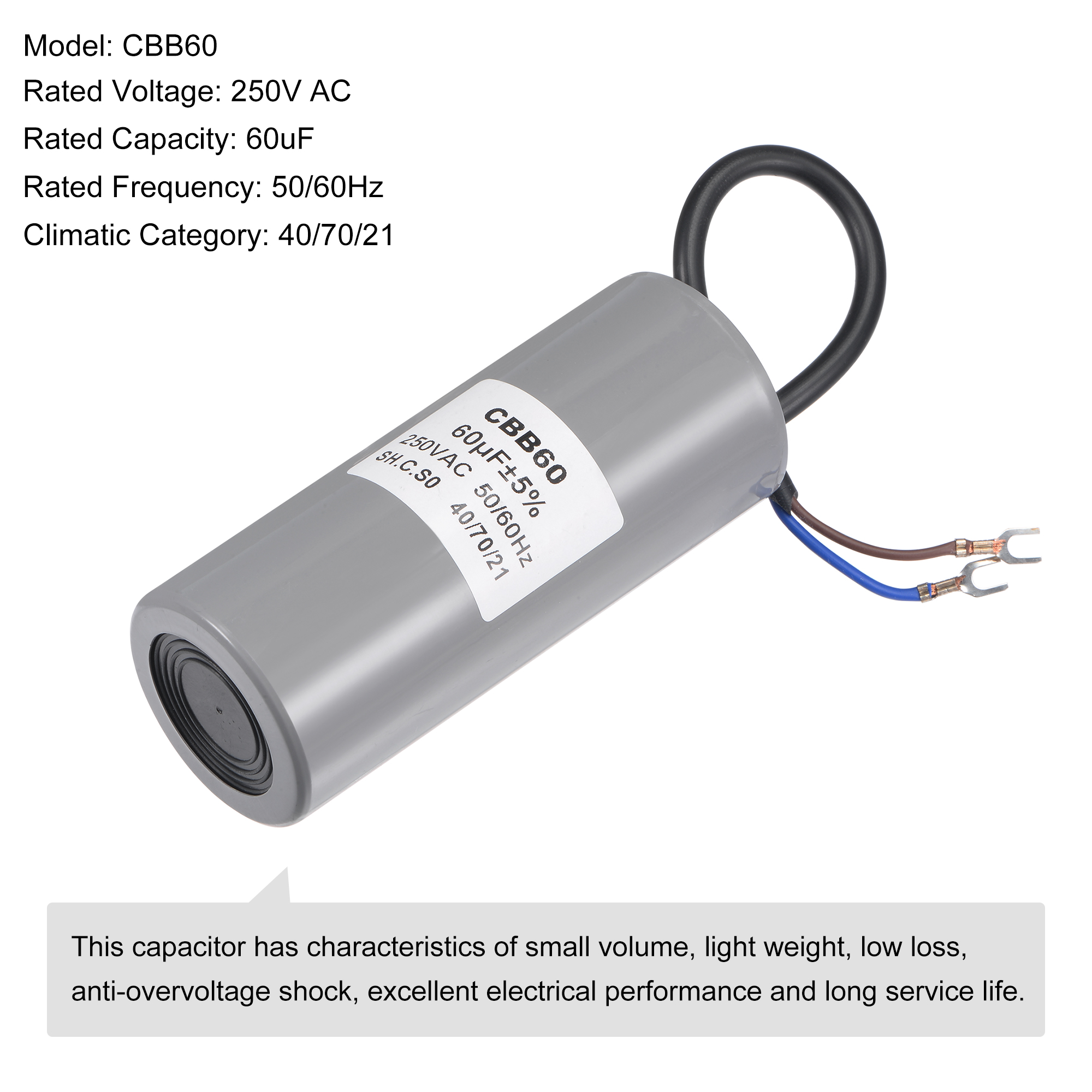 Uxcell 124x50mm 60uF 250V AC 50/60Hz 2 Wires with Terminal CBB60 Run Capacitor