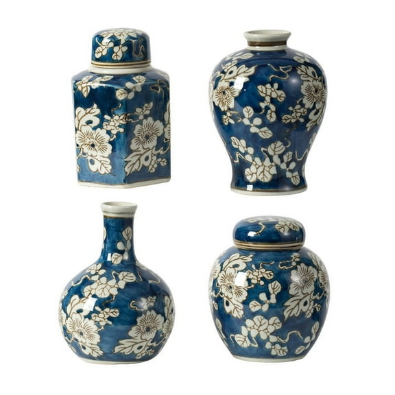 A&B Home Set of 4 Blue 6" Tall Porcelain Jar with Floral Pattern