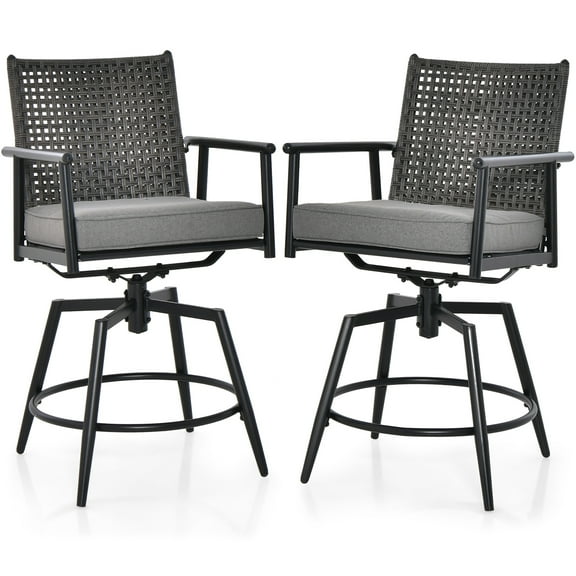 Gymax Patio Swivel Bar Stools Set of 2 Outdoor Counter Height Bar Chairs w/ PE Rattan Back