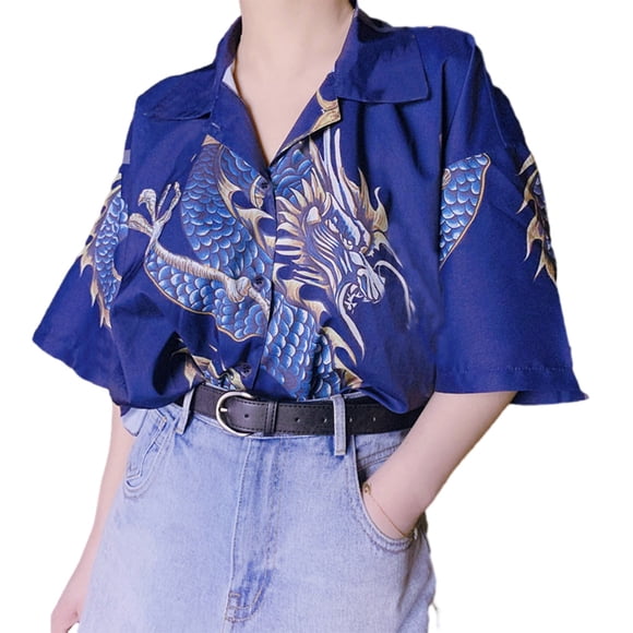 Qarigey Hombres Mujeres Camisa de playa hawaiana Casual Abotonado Manga corta Dragón simple Transpirable Estilo étnico Camiseta diaria Camisetas Azul L