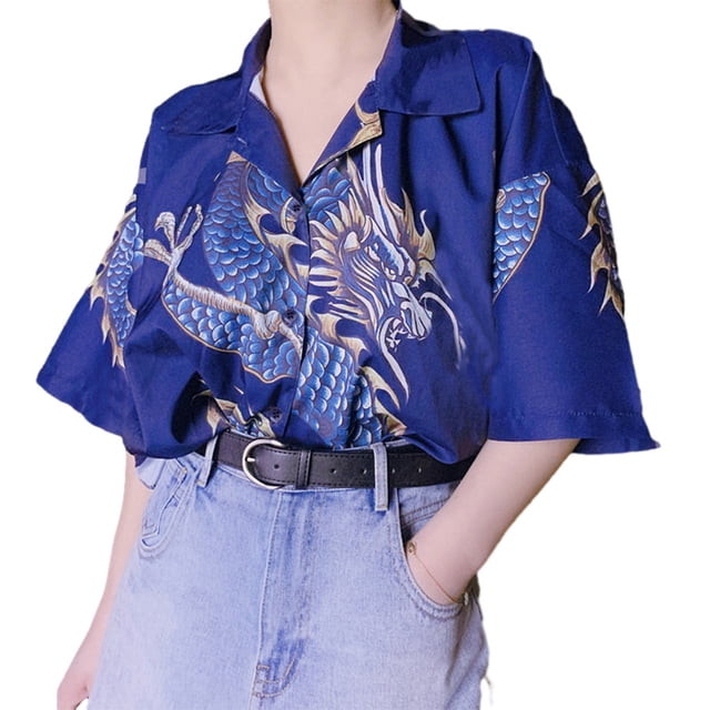 Qarigey Hombres Mujeres Camisa de playa hawaiana Casual Abotonado Manga corta Dragón simple Transpirable Estilo étnico Camiseta diaria Camisetas Azul XXL