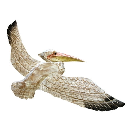 Carved Wood Sign - Whitewashed Pelican Flying Carved Wood Wall Plaque 20 Inches