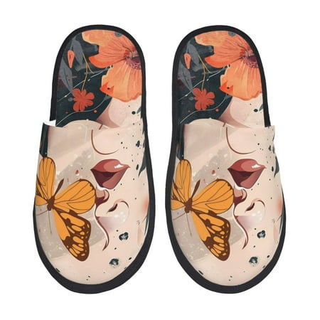 Balery Butterfly Floral Elegance Slient Indoor Furry Fleece Comfort House Shoes Soft Non-Slip Home Shoes Cotton slippers House Slippers-- Large