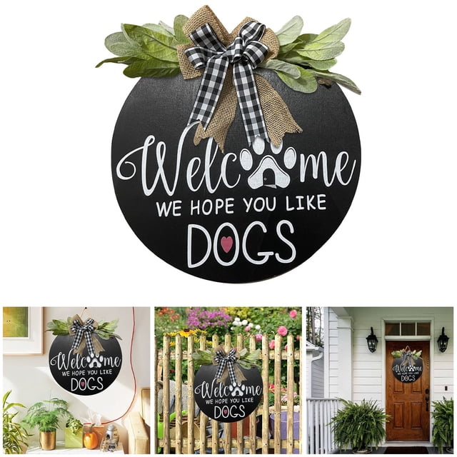 BKER Welcome Round Wooden Sign Welcome Hanging Bow Sign Pet Sign