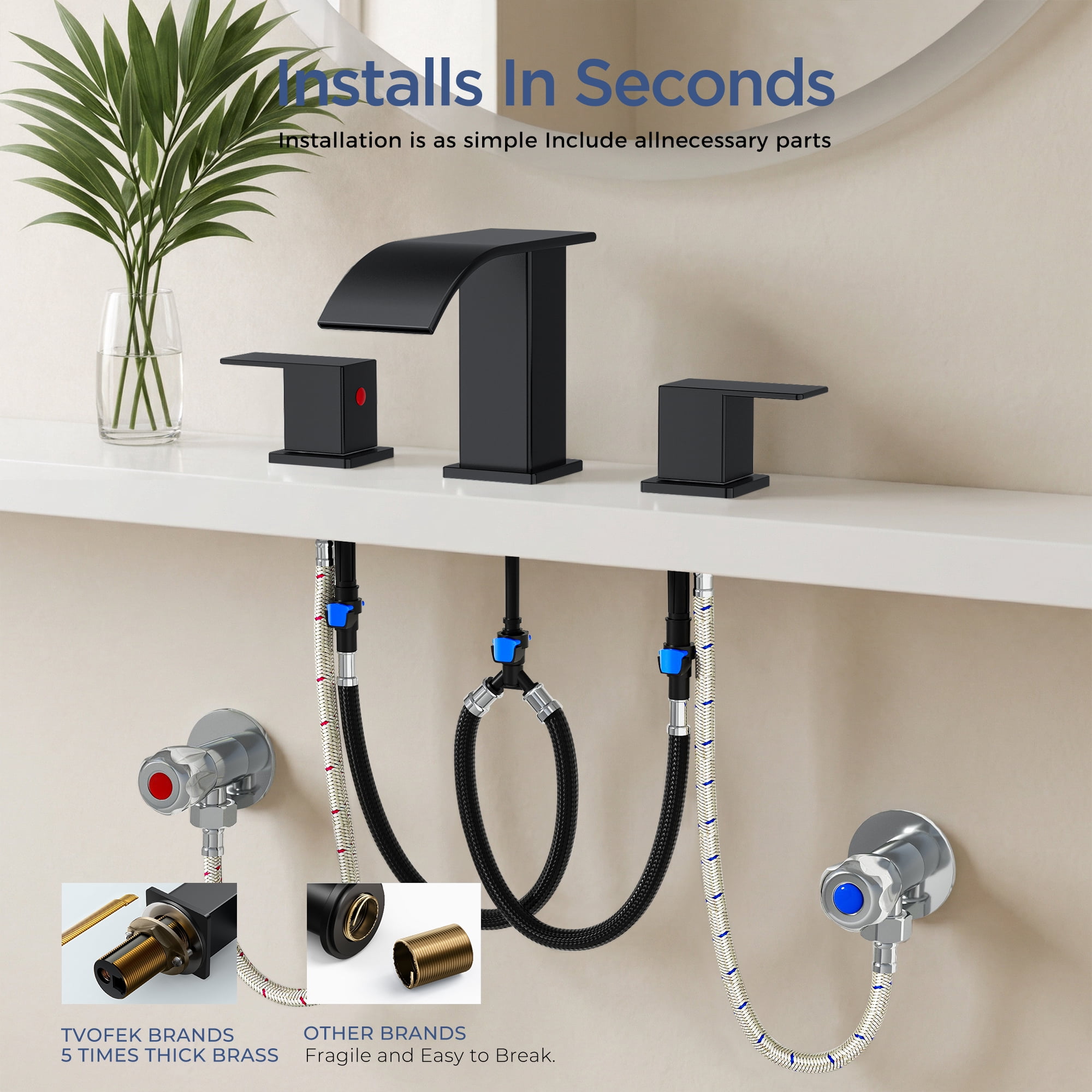 TVOFEK Waterfall Bathroom Faucet 3 Hole, 8 inch Widespread Sink Faucets Matte Black with Metal Pop-up Drain and cUPC Supply Hoses for Vanity Lavatory