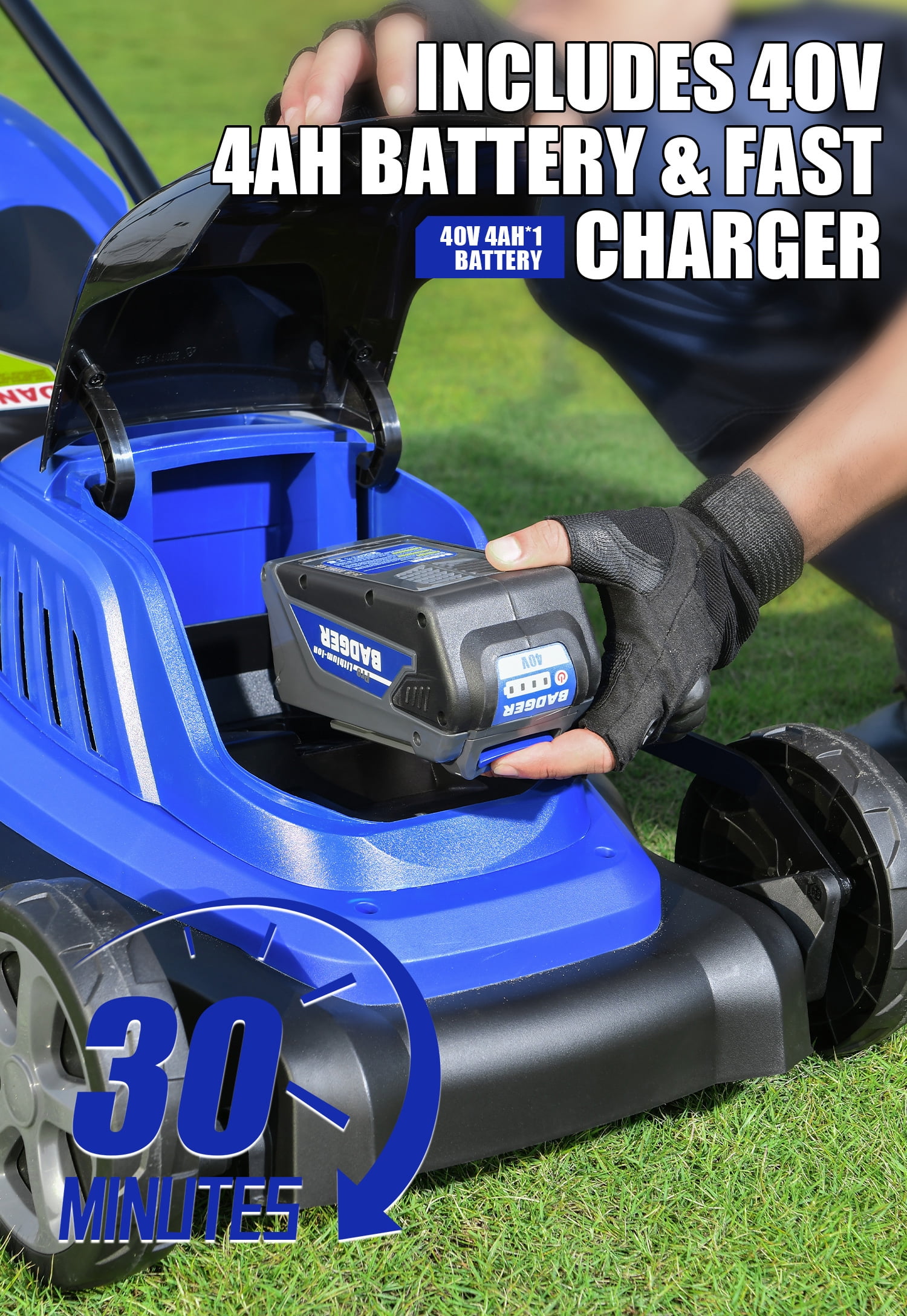 Wild Badger Power 40V 18″ Cordless Lawn Mower Brushless , 2,100 sq ft/0.048 ac, 1×4.0Ah Battery & Fast Charger, 5-Position Height ,for Small-to-Medium Lawns