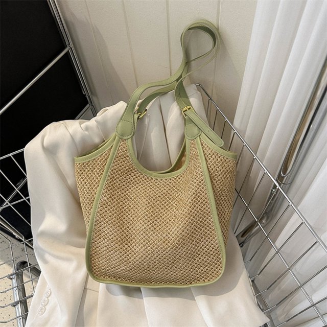 Bolso de hombro para mujer, Bolso de mano informal de verano tejido de paja de gran capacidad (verde)
