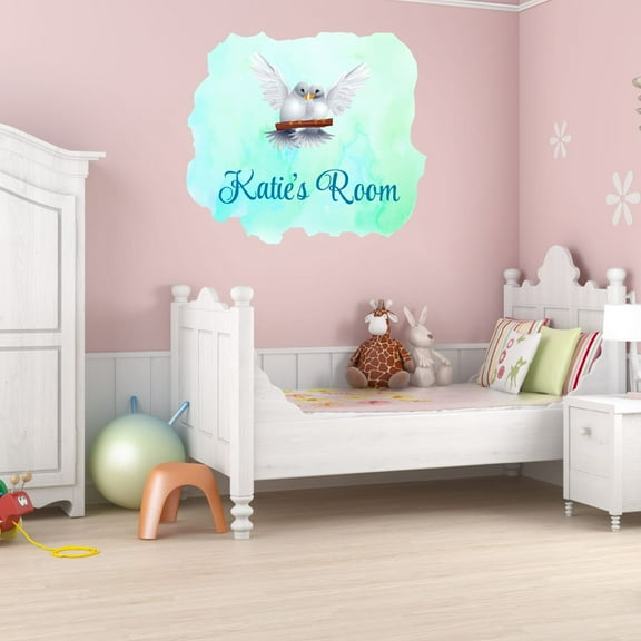 Animal Watercolor Custom Name Wall Decals for Kids Room - Blue Watercolor Background Bird Animals Watercolor Personalized Bedroom Wall Sticker Water Color Style - Size: 10 In x 9 In