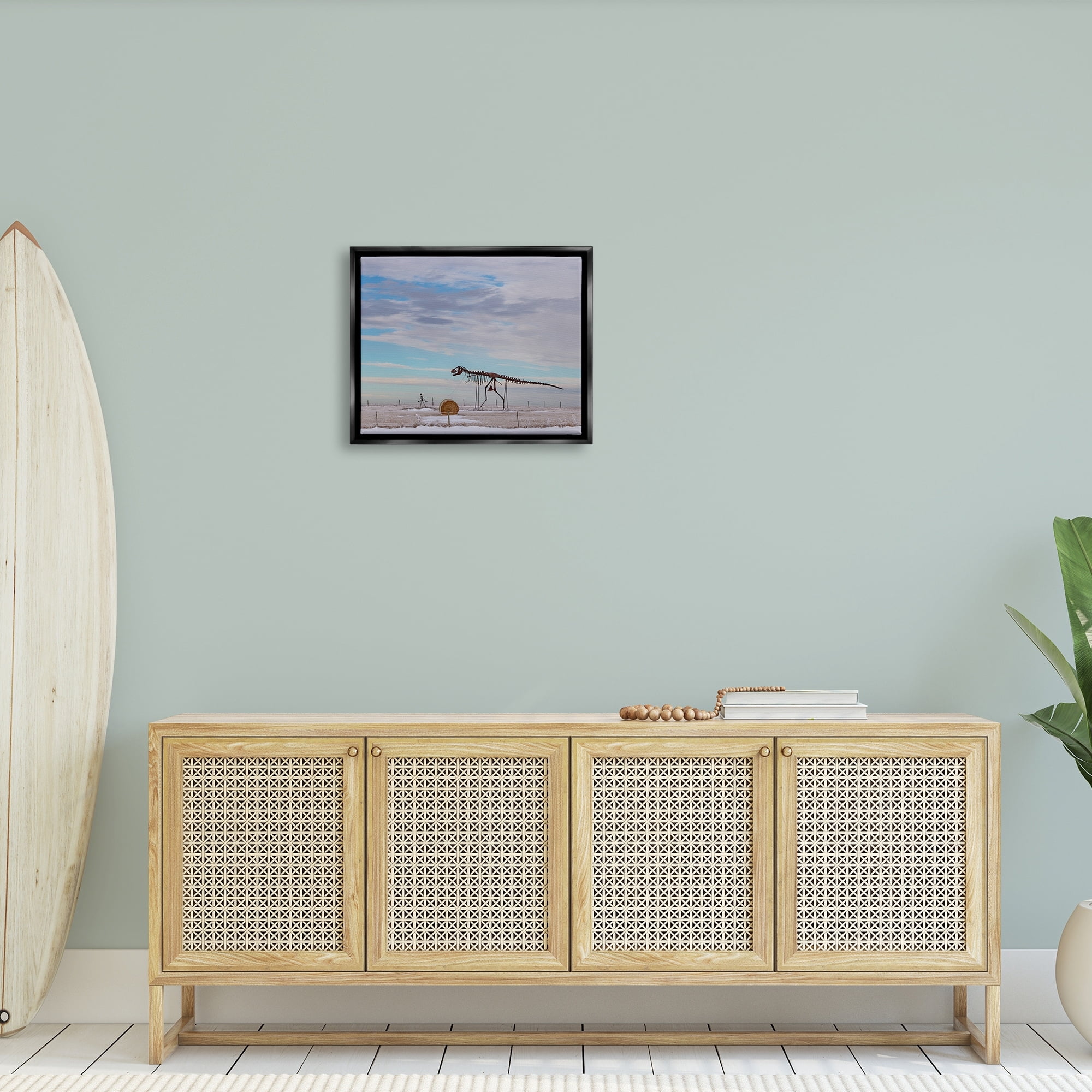 Stupell Industries Person Walking Dinosaur Skeleton Beach Sand Dunes Photograph Jet Black Floating Framed Canvas Print Wall Art, Design by Jeff Poe Photography