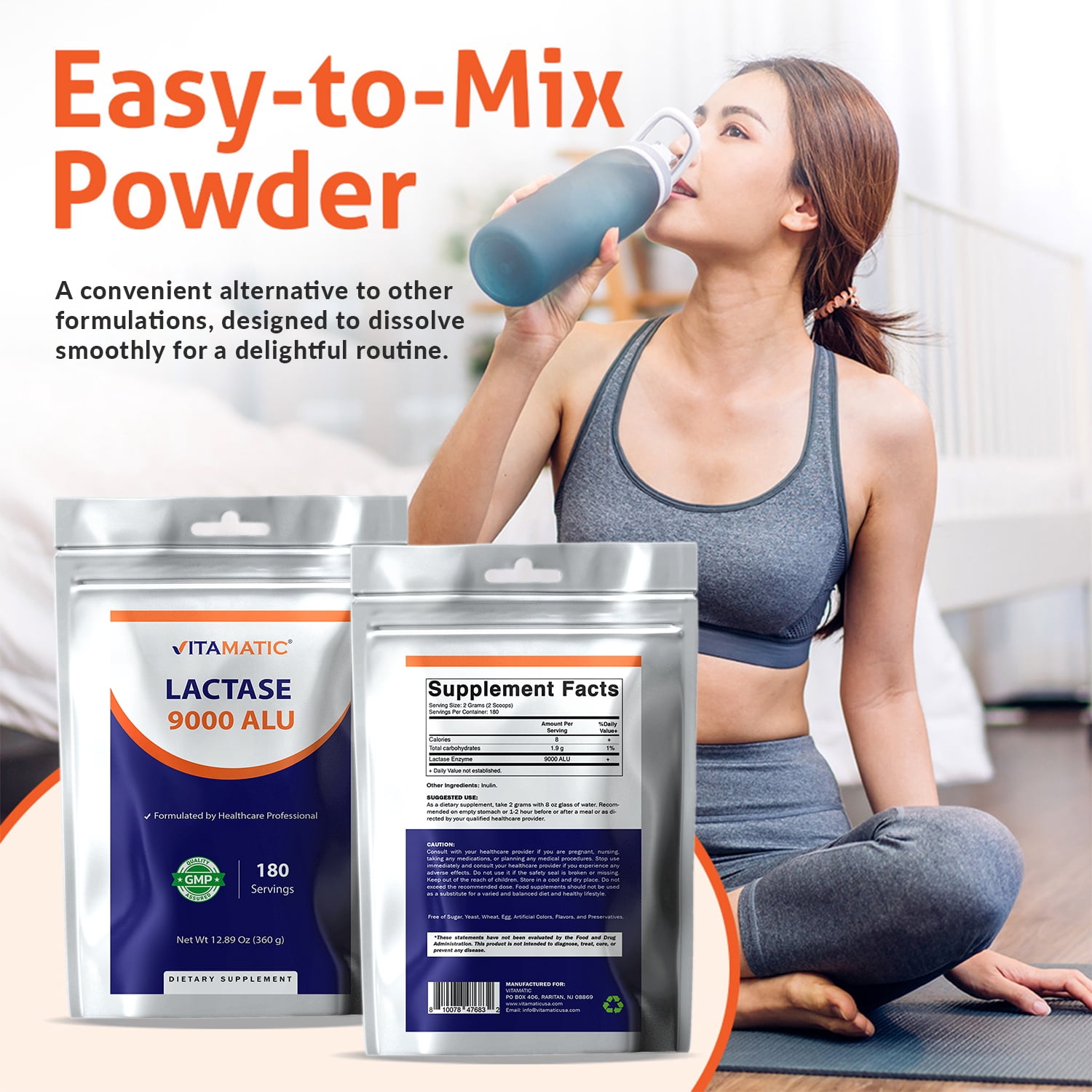 (2 pack) Vitamatic Lactase Enzyme Powder – 9000 ALU Per Serving – 180 Servings – Supports Lactose Digestion, Non-GMO, Gluten Free