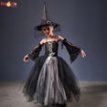 thumbnail image 2 of Disfraz gótico de bruja fantasma de Halloween para niñas, Vestido de manga acampanada para niños, bata de tutú con sombrero de bruja para Purim, fiesta de Carnaval, 2 of 4