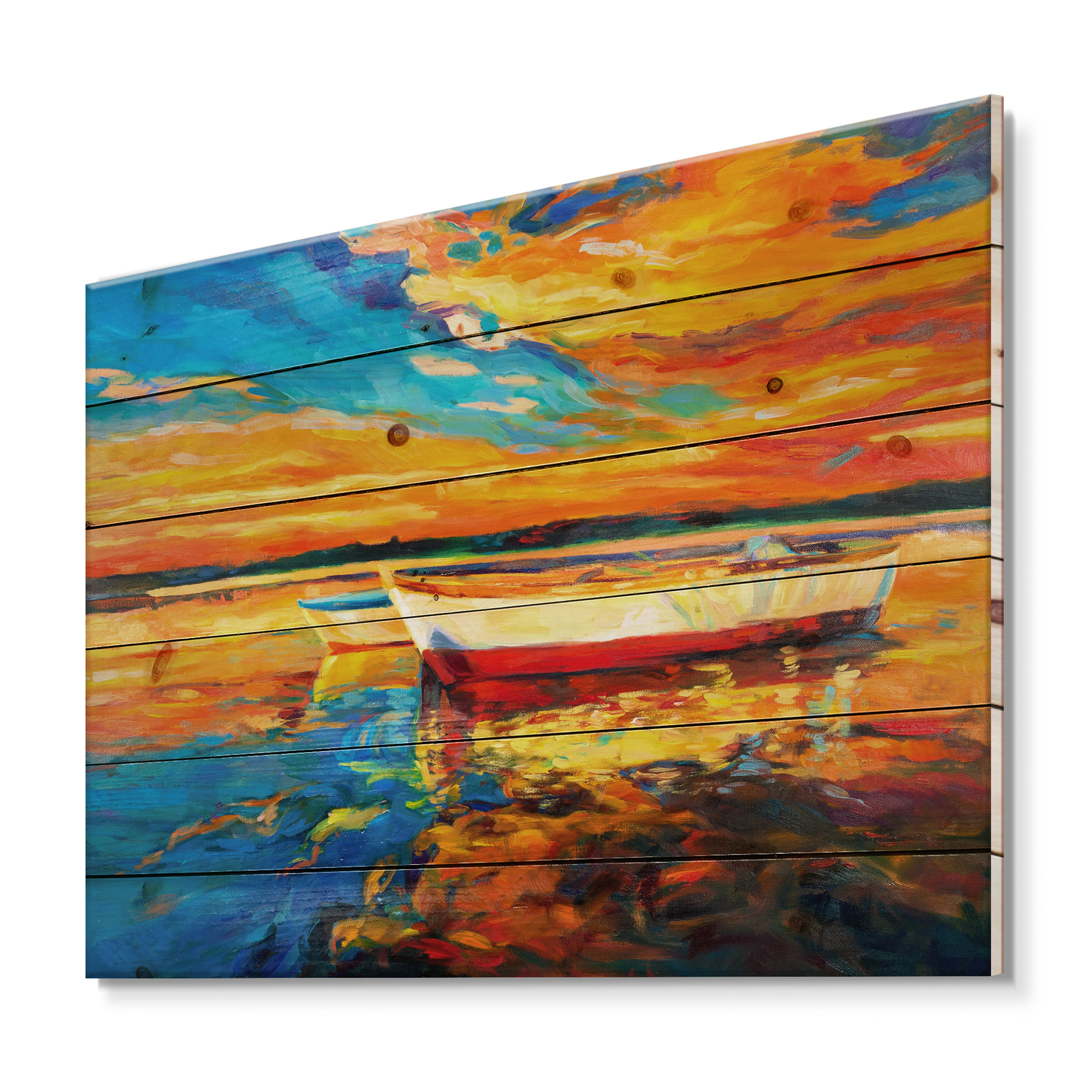 Designart 'Red and White Boats By The Pier At A VIbrant Sunset' Nautical & Coastal Print on Natural Pine Wood
