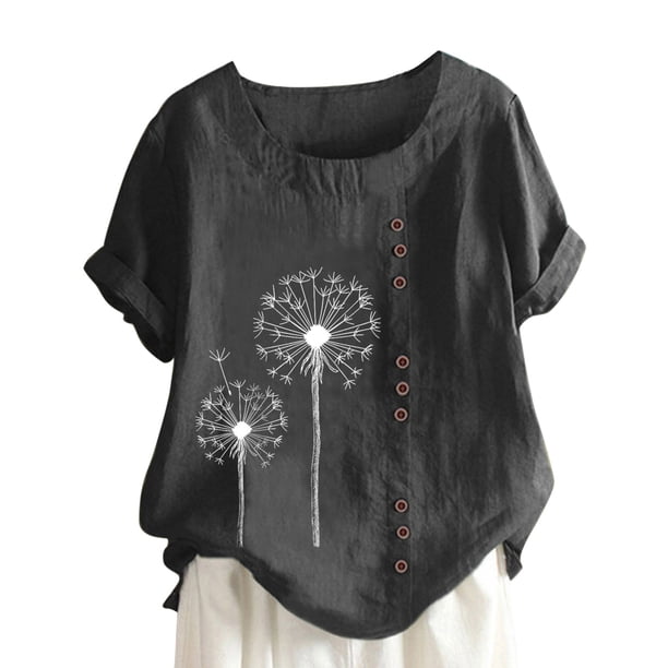 Blusa informal de cuello redondo para mujer, blusa suelta con estampado de manga corta Pompotops hfajkhk129148