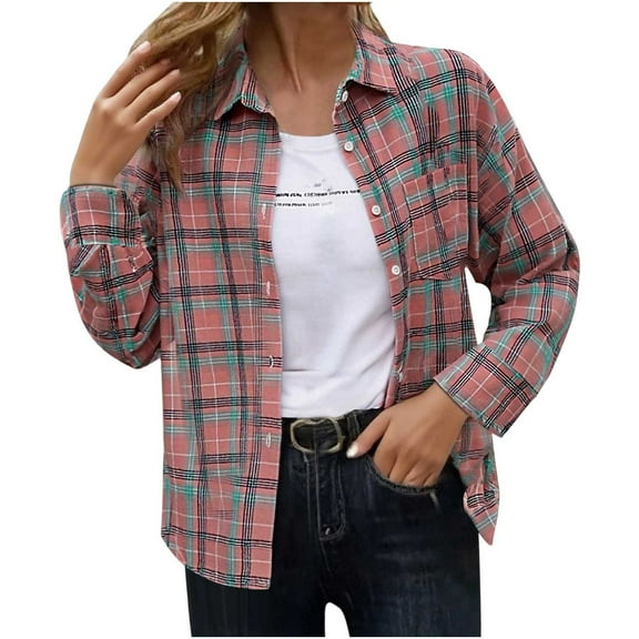 FAWUUDO Womens Casual Cuffed Long Sleeve Boyfriend Button Down Plaid Flannel Shirt Tops Pink