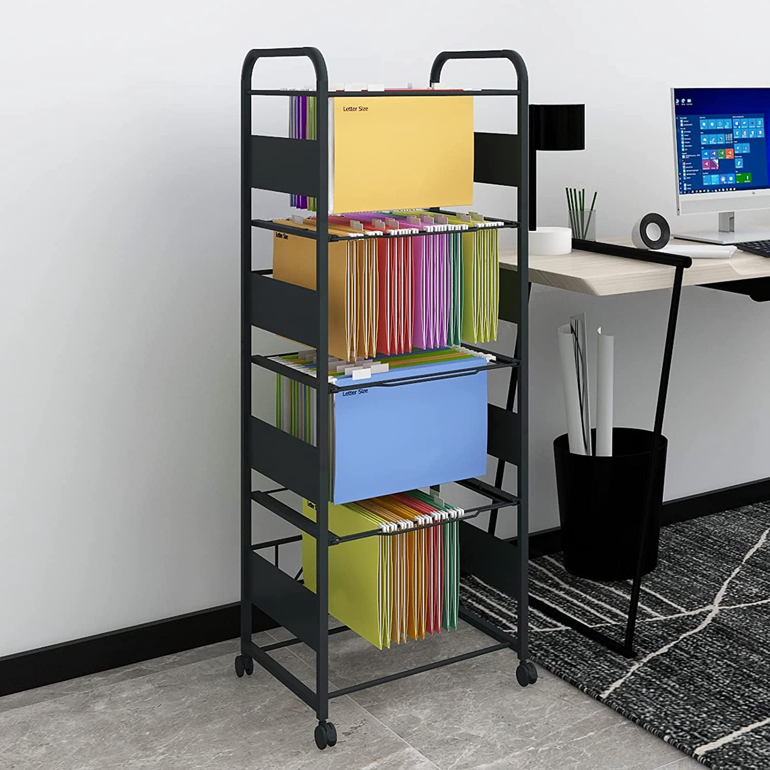 Harloon 2-Pack Mesh Rolling File Cart – Hanging File Organizer With Wheels – 15x13x10 Inch Foldable Storage Box For Office, Mailroom, Classroom