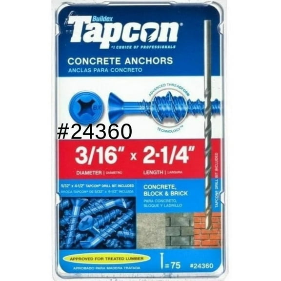 Tapcon Easy-to-Use Concrete Anchors 3/16" x 2-1/4" 75 Count
