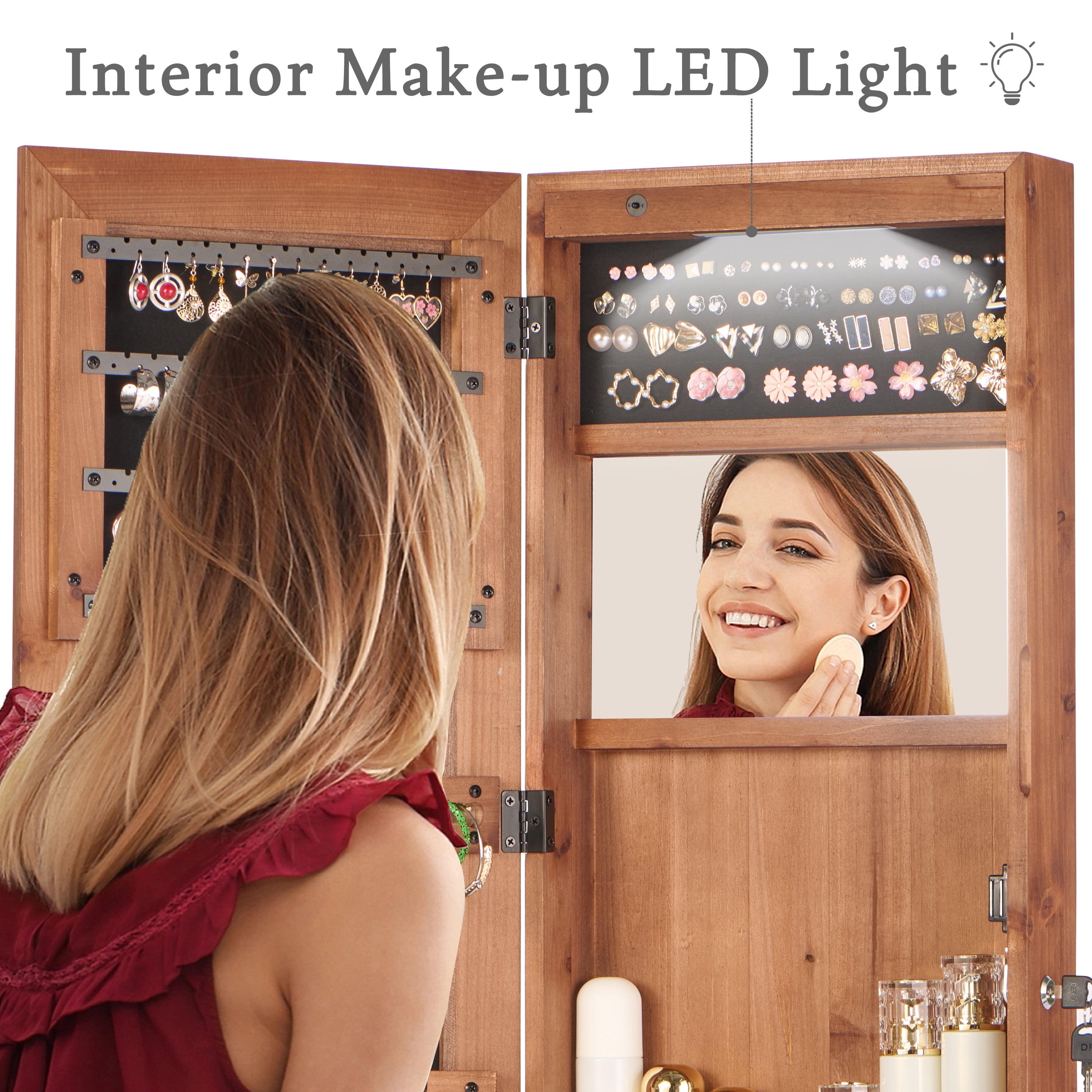 Mintazer Full-Length Mirror Jewelry Cabinet Armoire with LED Lighting & Storage, 2-in-1 Wall/Door Mount Lockable Jewelry Armoire Organizer, Brown