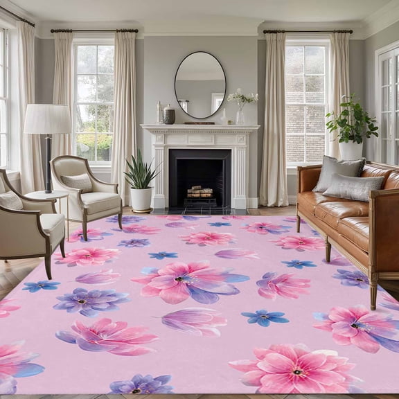 Large Area Rugs for Living Room Bedroom, Spring Floral 6'x9' Rug Washable Carpet Runner Indoor Outdoor, Summer Botanical Purple Pink Flower Non Slip Floor Mats Rug for Kitchen, Playroom