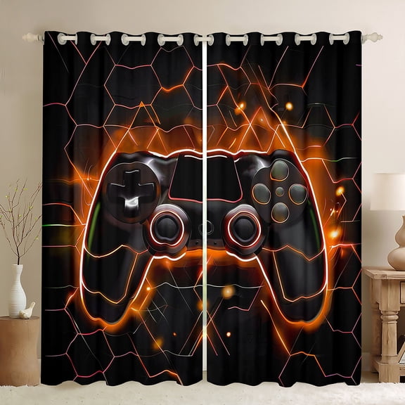 Feelyou Futuristic Gamepad Curtains Pack of 2 (42x84 Each), Neon Glowing Honeycomb Curtains Blackout, Glitter Orange Games Console Bedroom Curtains, Living Room Curtains Decor