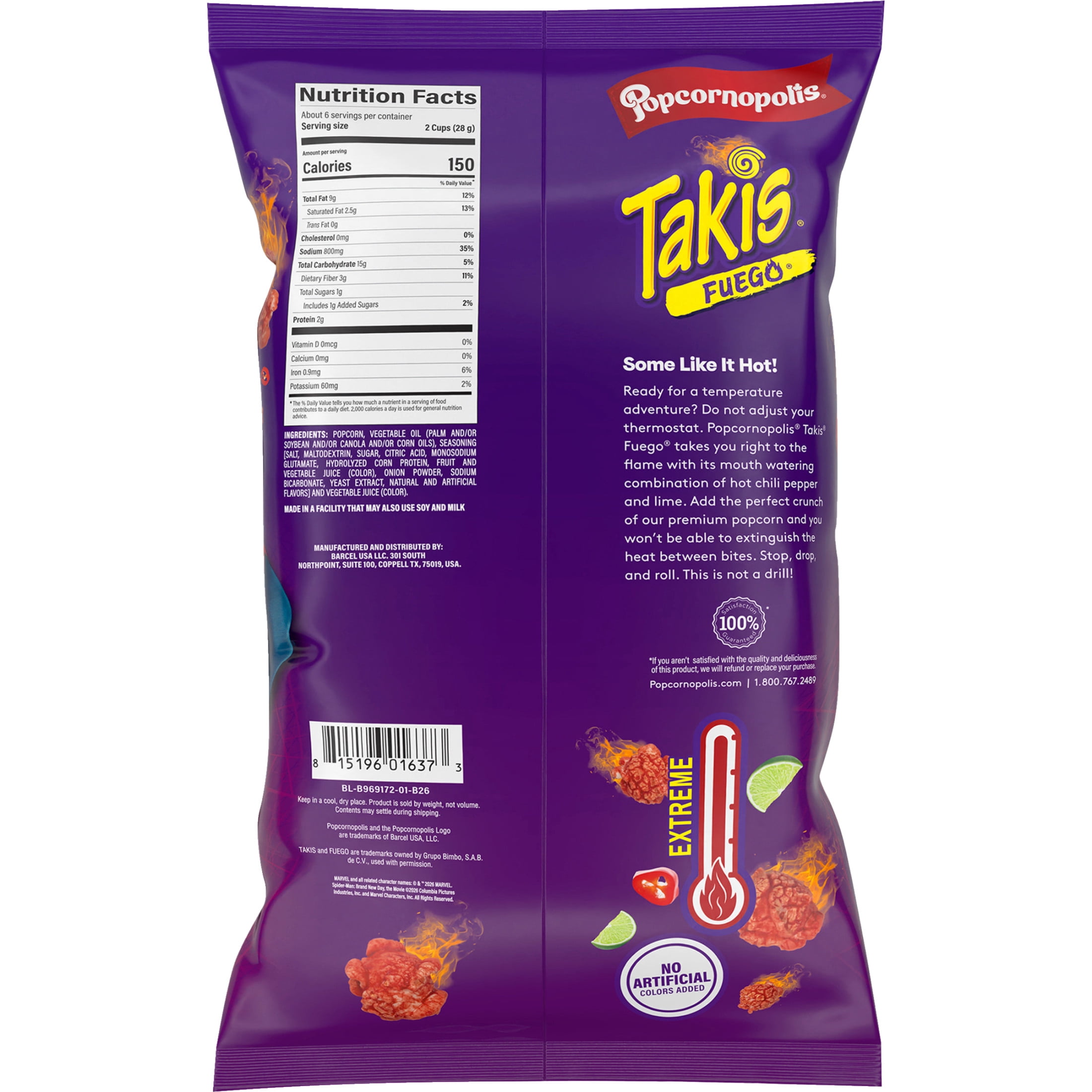 (3 pack) Popcornopolis Fuego Takis 6 oz Bag, Hot Chili Pepper & Lime Popcorn
